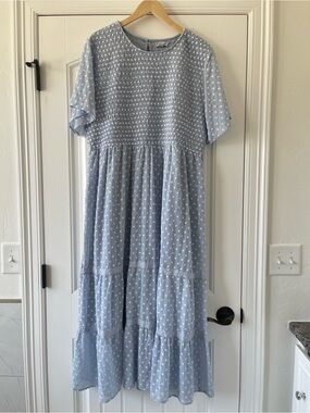 Light Blue Polka Dot Midi Dress - Casual Tiered Smocked Bodice